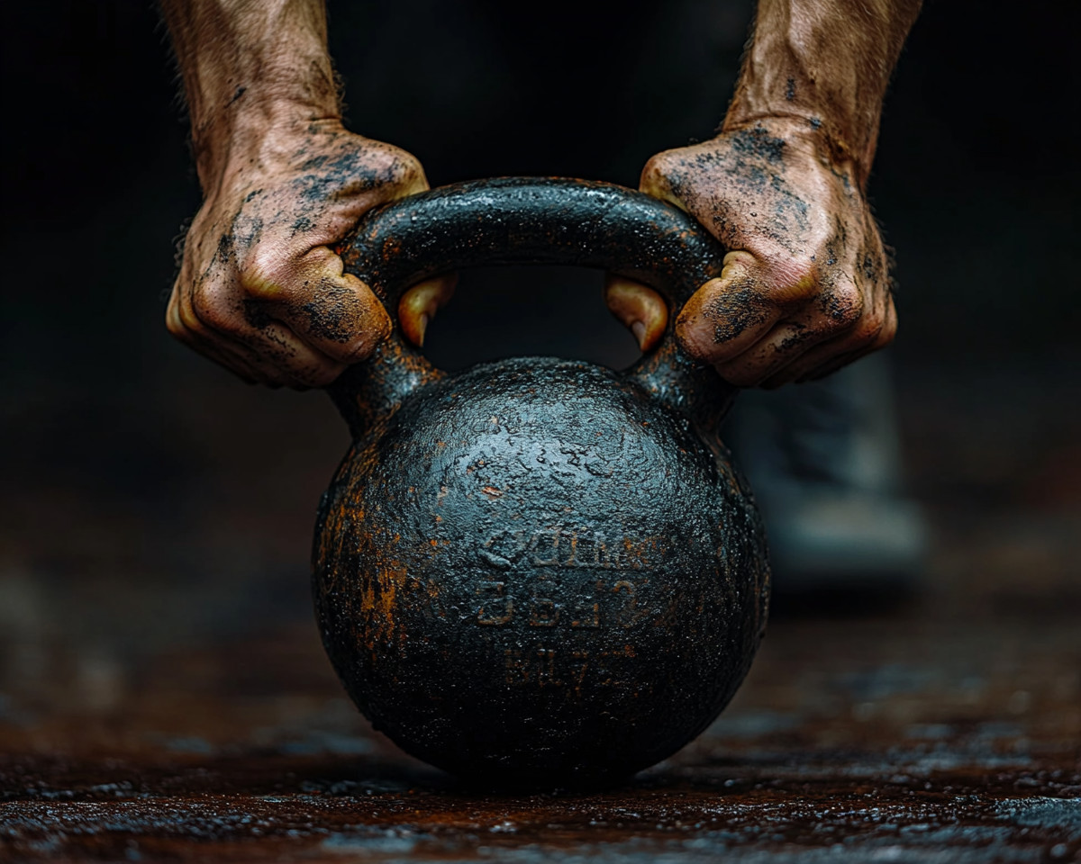 Starke Hände halten Kettlebell
